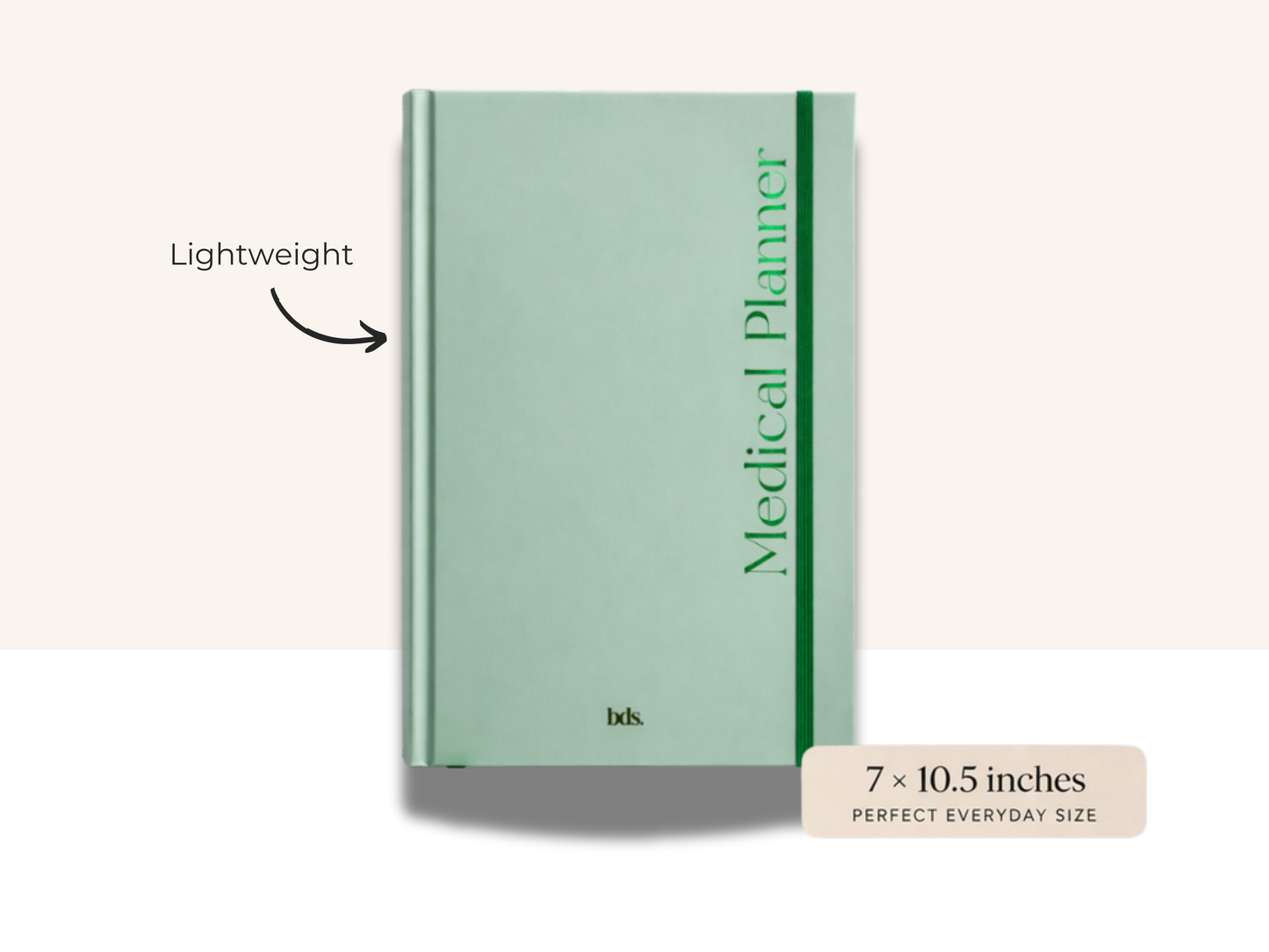 A light green "Medical Planner" with a vertical title and a matching elastic band. Labeled "Lightweight" and measures 7x10.5 inches