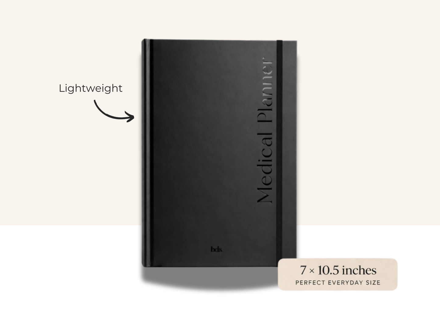 A sleek black medical planner with "Medical Planner" written vertically. It's highlighted as lightweight and sized 7x10.5 inches