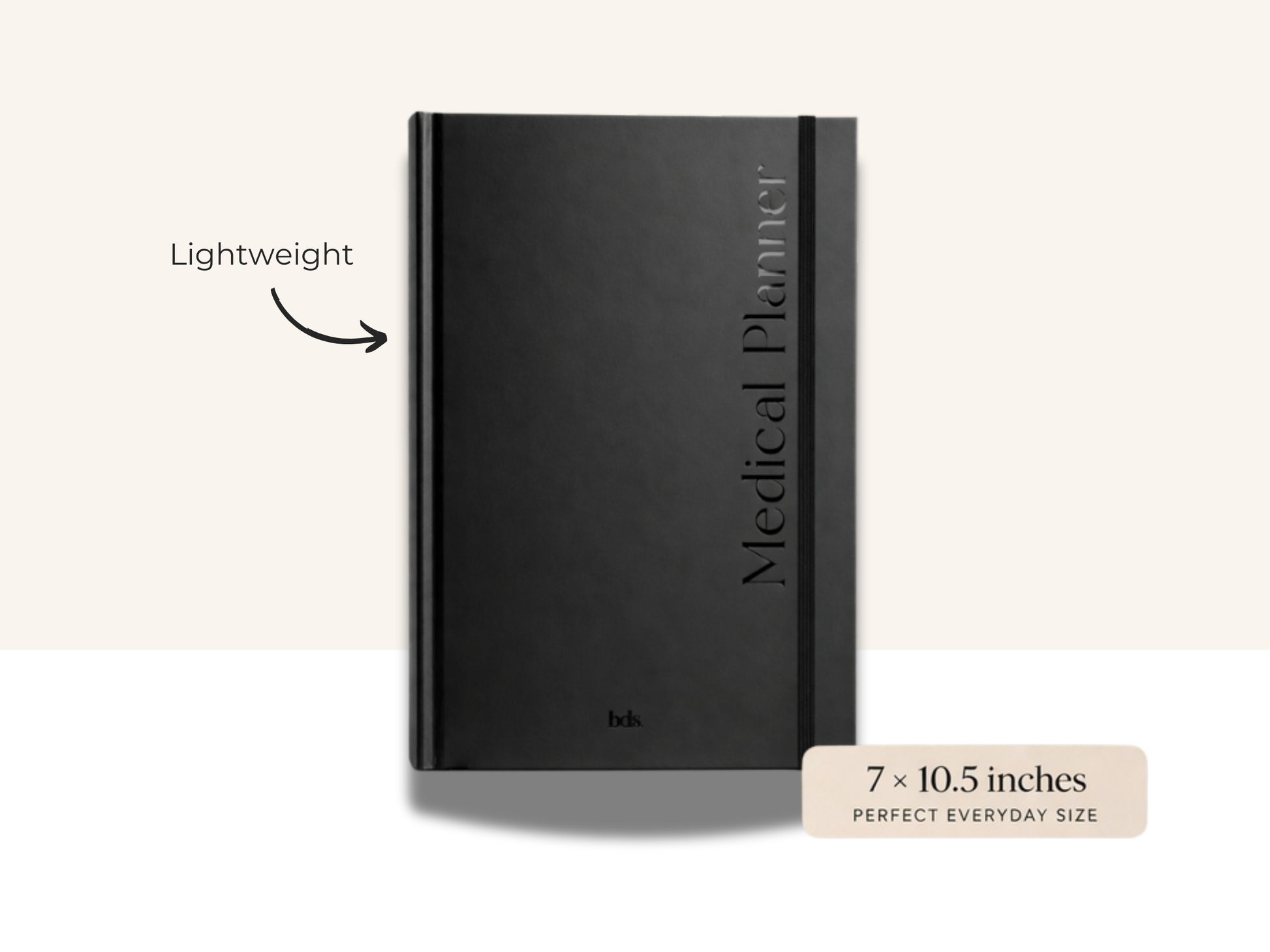 A sleek black medical planner with "Medical Planner" written vertically. It's highlighted as lightweight and sized 7x10.5 inches