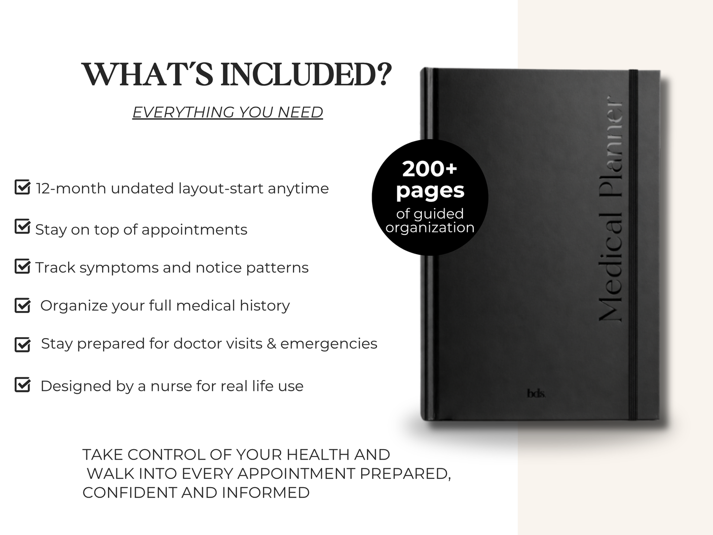 Medical planner alongside text detailing features like tracking appointments, symptoms, and emergencies.