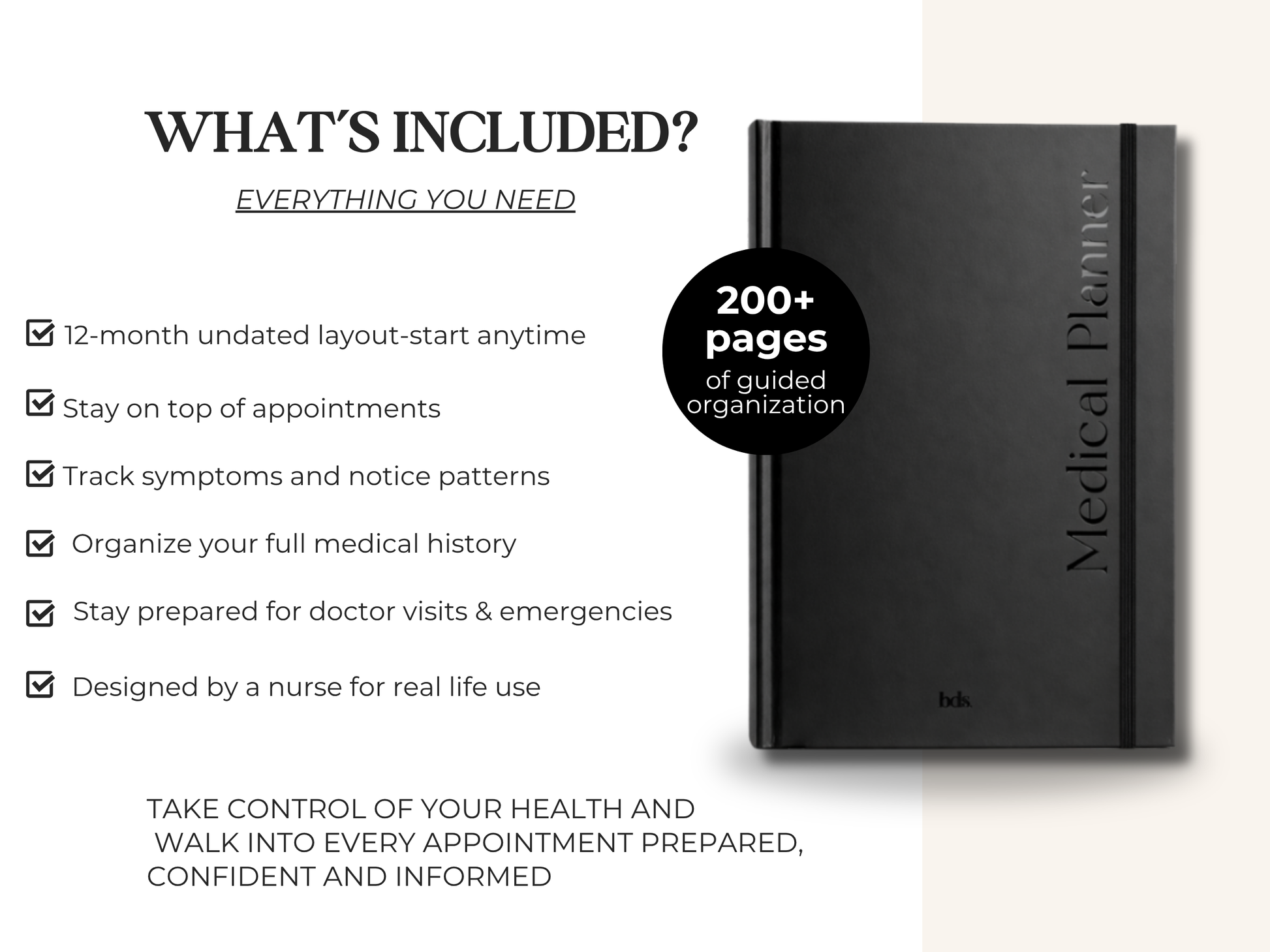 Medical planner alongside text detailing features like tracking appointments, symptoms, and emergencies.