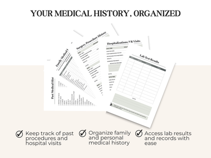 Sheets labeled Surgery History, Hospitalizations, Lab Results, and Family Medical History for organizing medical records.