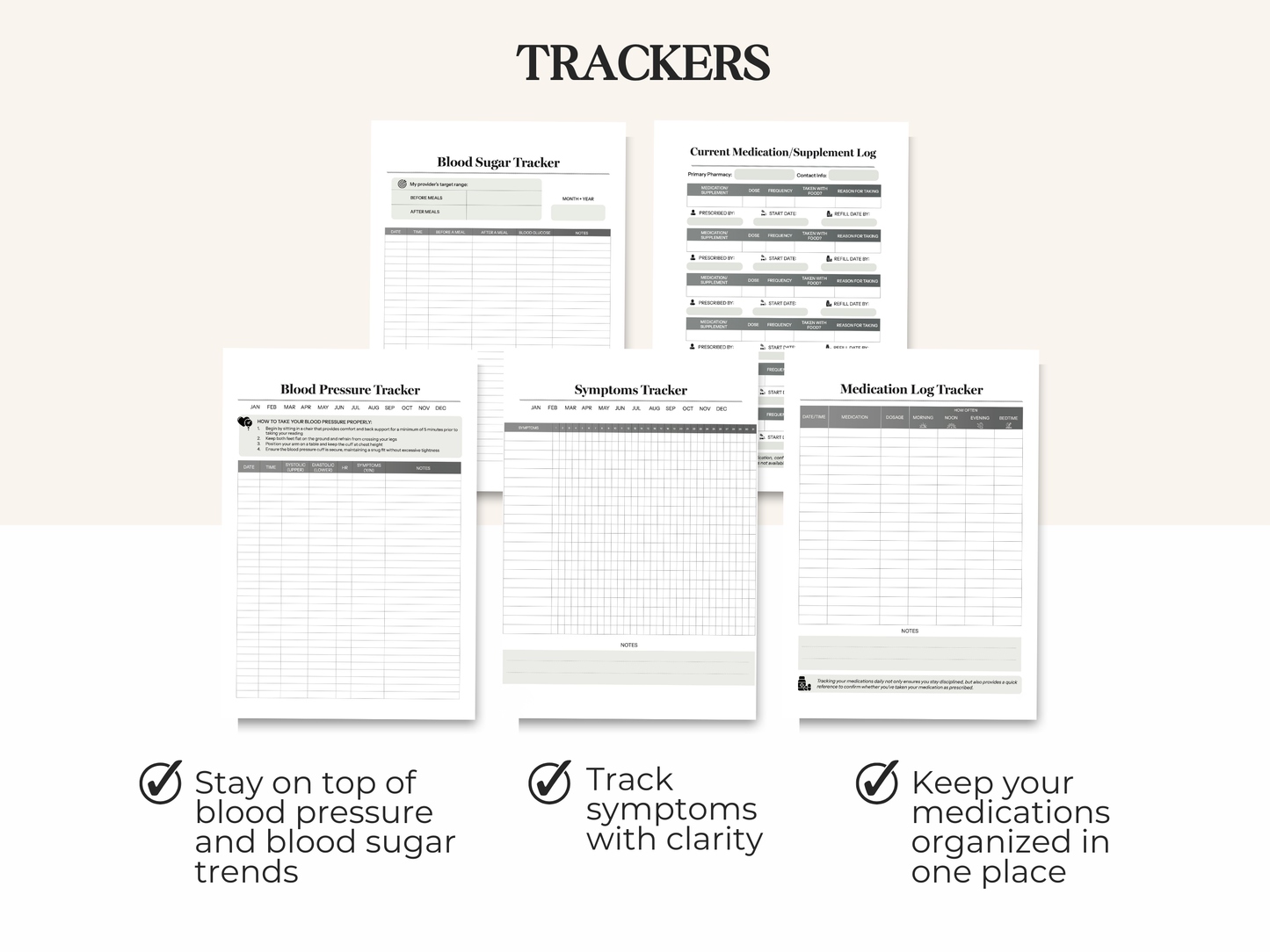 Five health tracking sheets: blood sugar, medications, blood pressure, symptoms, and medication log.