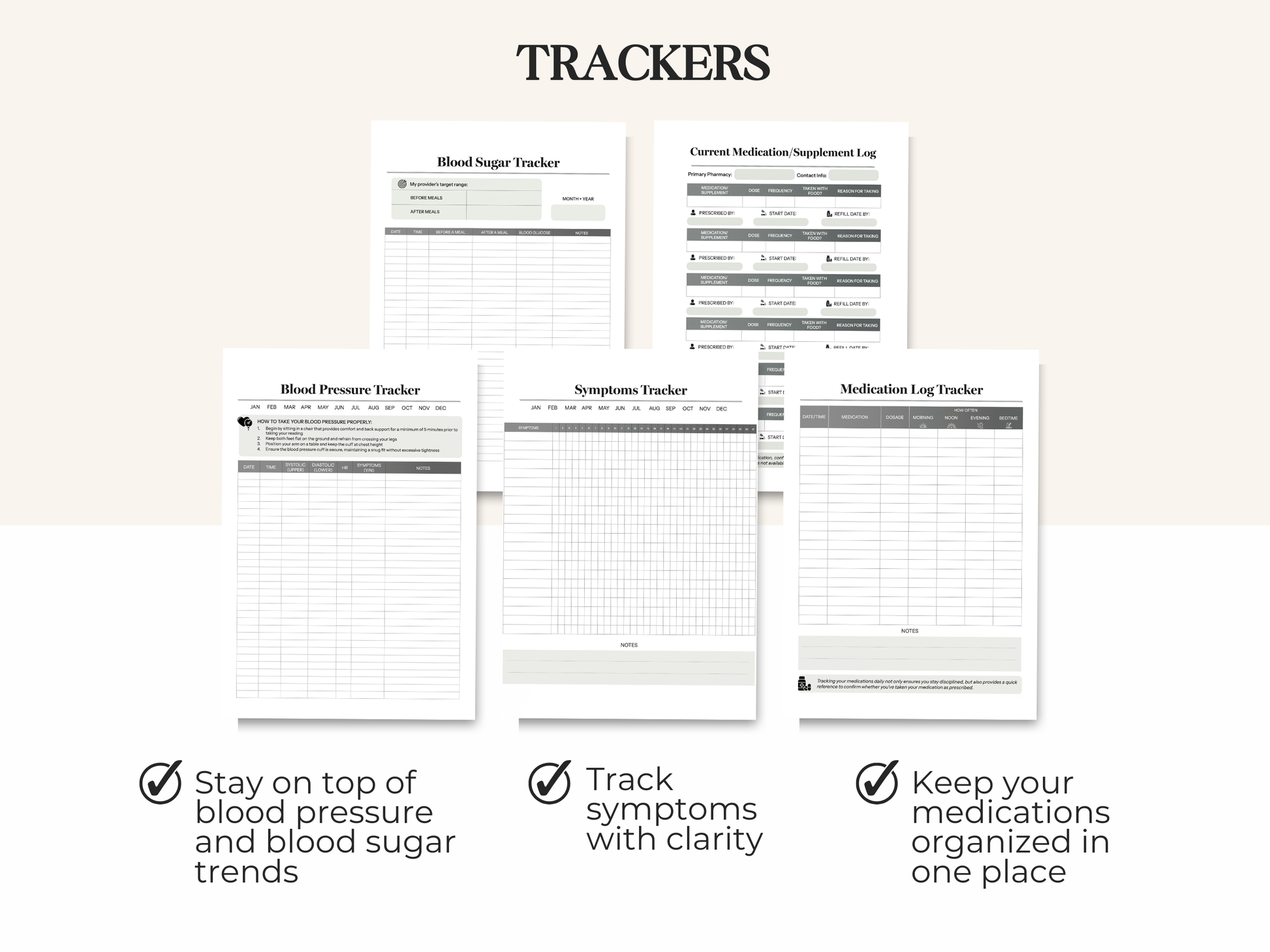Five health tracking sheets: blood sugar, medications, blood pressure, symptoms, and medication log.