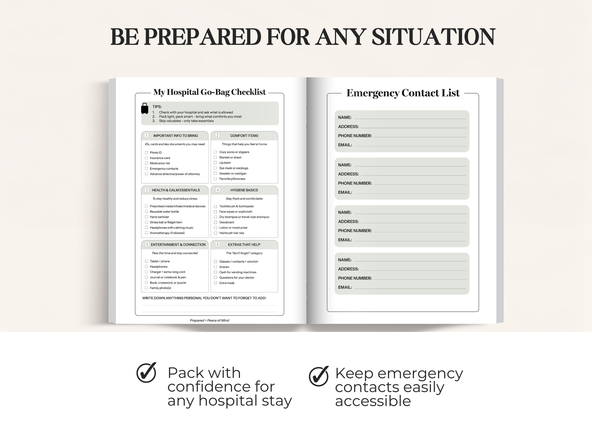 Open book with "My Hospital Go-Bag Checklist" and "Emergency Contact List" on facing pages.