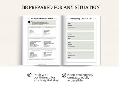 Open book with "My Hospital Go-Bag Checklist" and "Emergency Contact List" on facing pages.