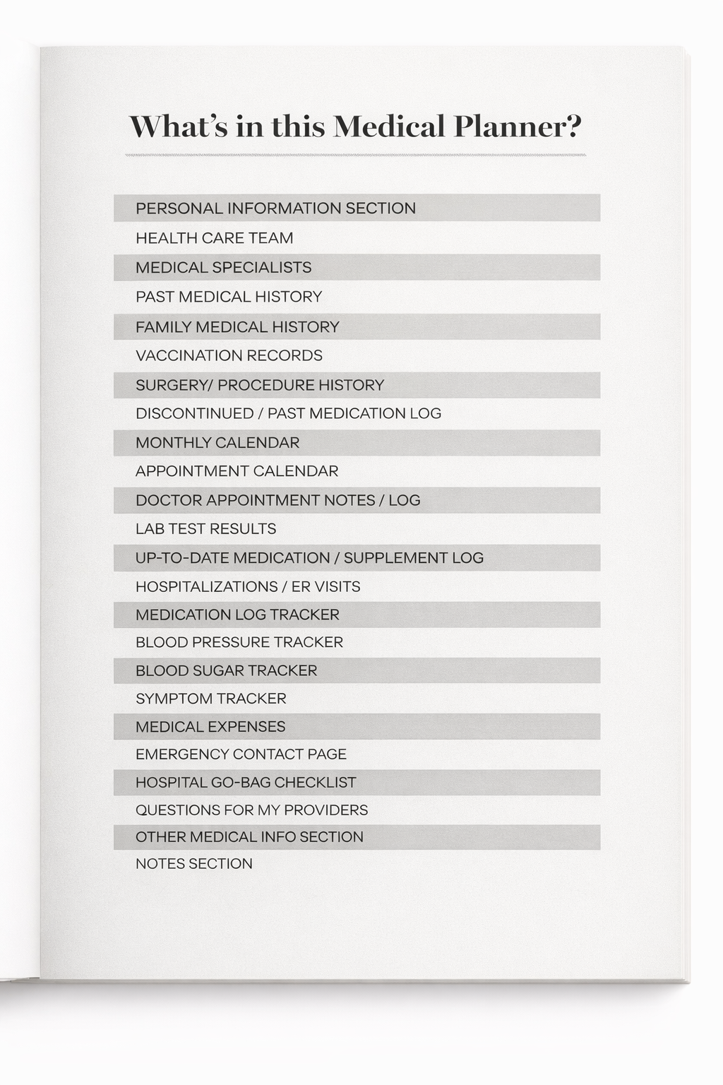 An open medical planner displaying a list of sections, including personal information, medical specialists, appointment calendars, and trackers for medication, blood pressure, and symptoms.