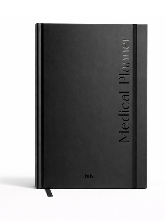 Black hardcover journal titled "Medical Planner" with a vertical elastic band closure. Features a sleek, minimalist design and a ribbon bookmark.